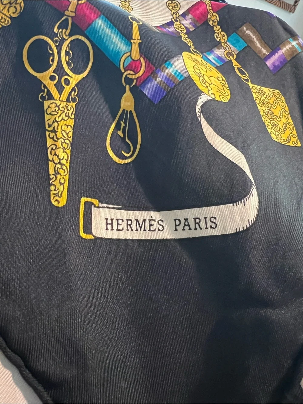 Hermes Black, White, Gold, Purple & Pink Silk Scarf